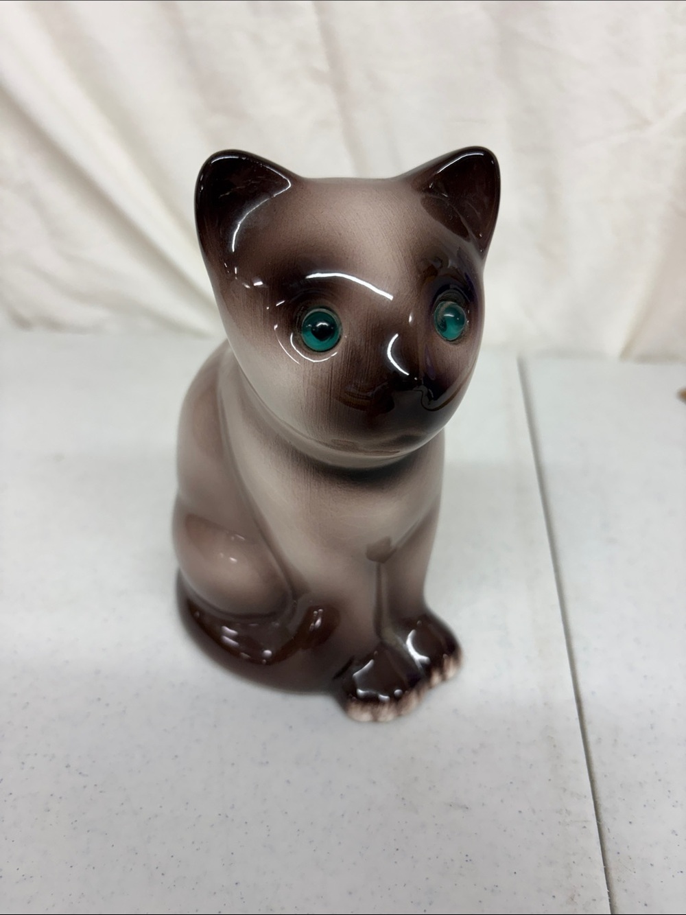 Brown Ceramic Cat Figurine with Green Eyes -